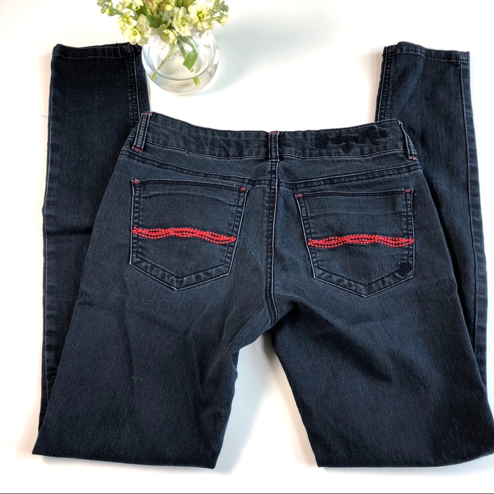 Indigo Rein Skinny Jeans with Red Embellishment